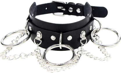 COLLAR BDSM DE CUERO CON AROS Y CADENAS METÁLICAS AJUSTABLE