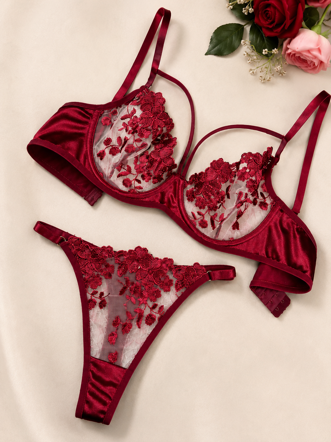 Lencería Sexy dos piezas transparente con flores