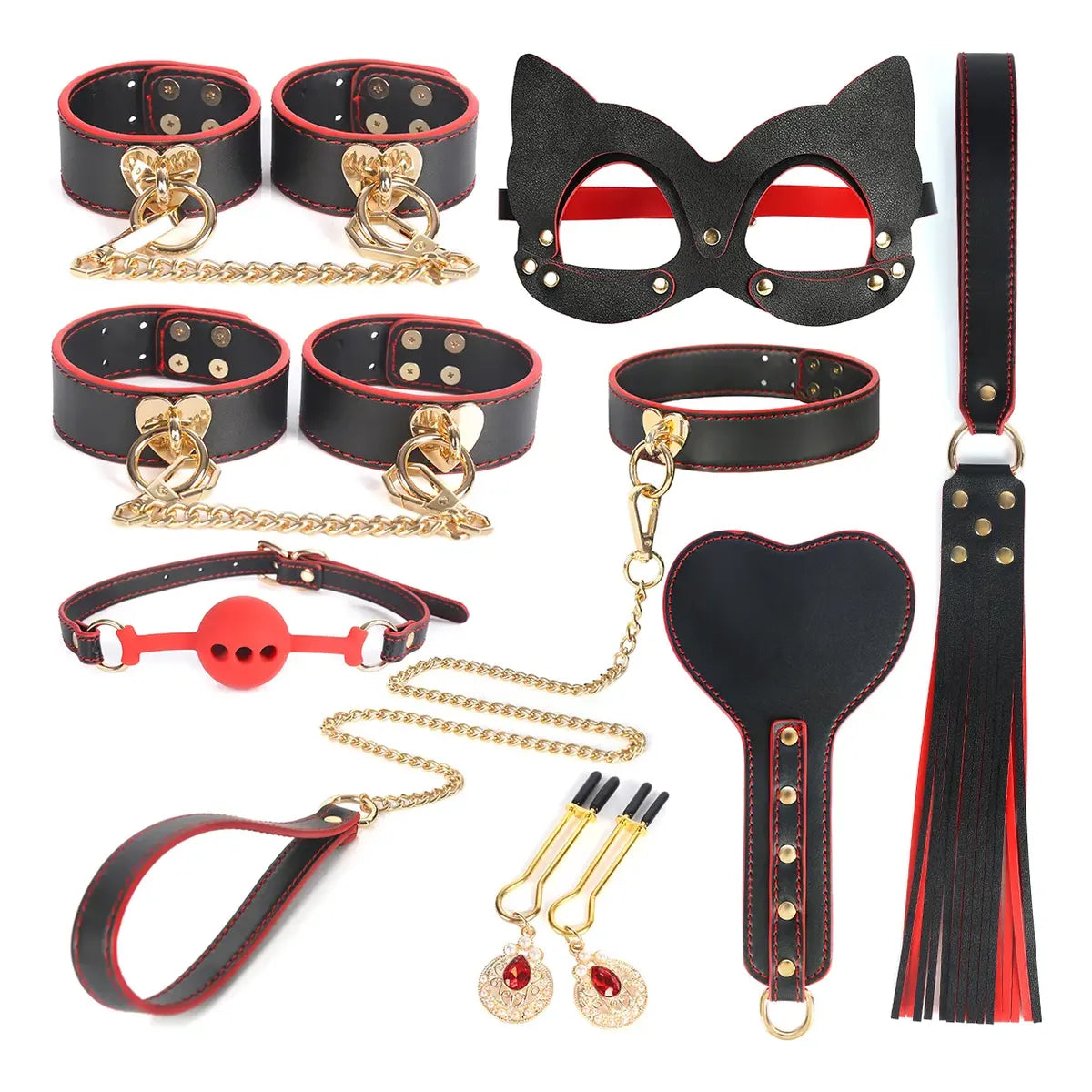 Kit BDSM Premium 10 en 1 de Lujo con Máscara, Esposas, Mordaza y Látigo