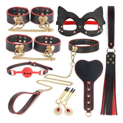 Kit BDSM Premium 10 en 1 de Lujo con Máscara, Esposas, Mordaza y Látigo
